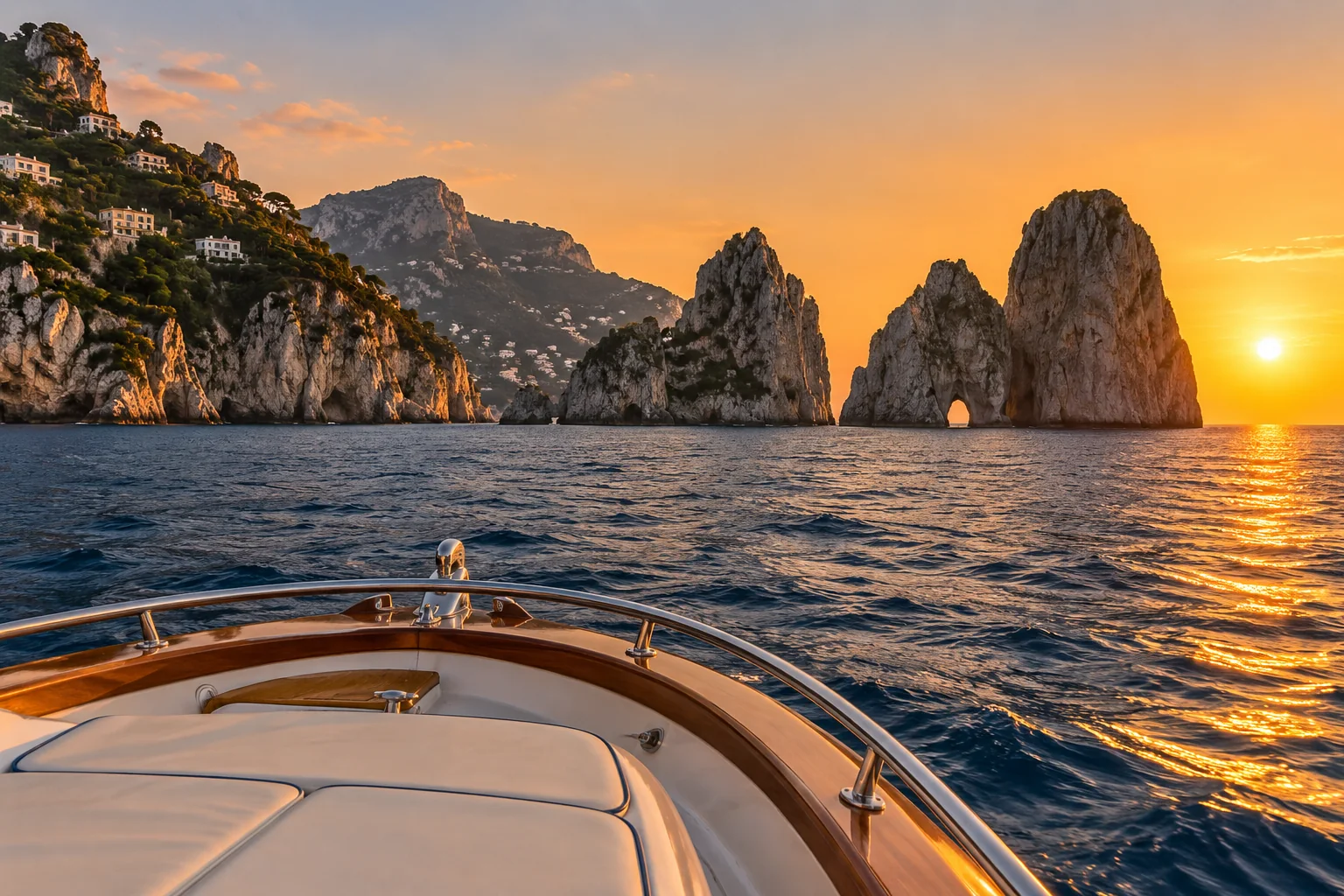 A boat passing the Faraglioni rocks near Capri at sunset.