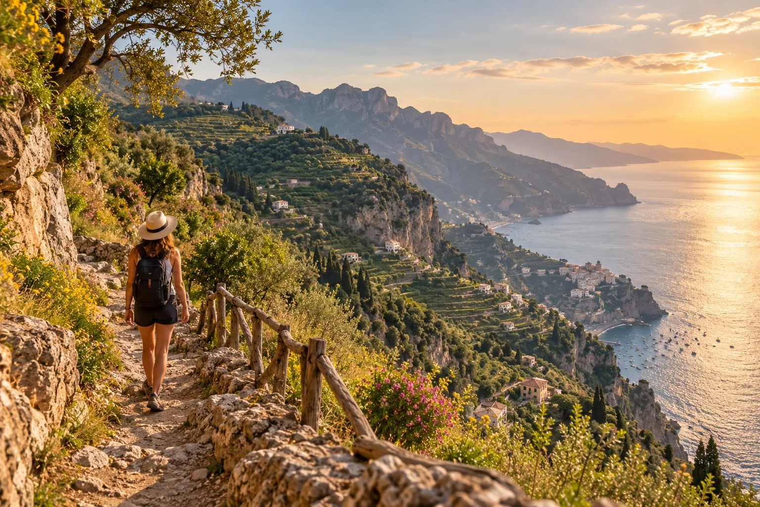 A traveller walking a sunlit path above the Amalfi Coast.